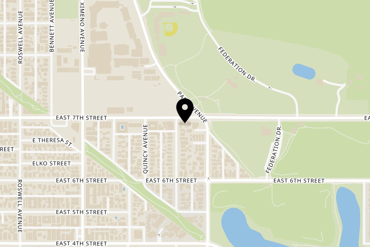 Map showing the location of OMG Burgers and More on 4712 E 7th St in Long Beach